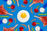 Kaleidoscope based Illustration of Steak, radish, yoghurt and egg for a guide on the Atkins Diet