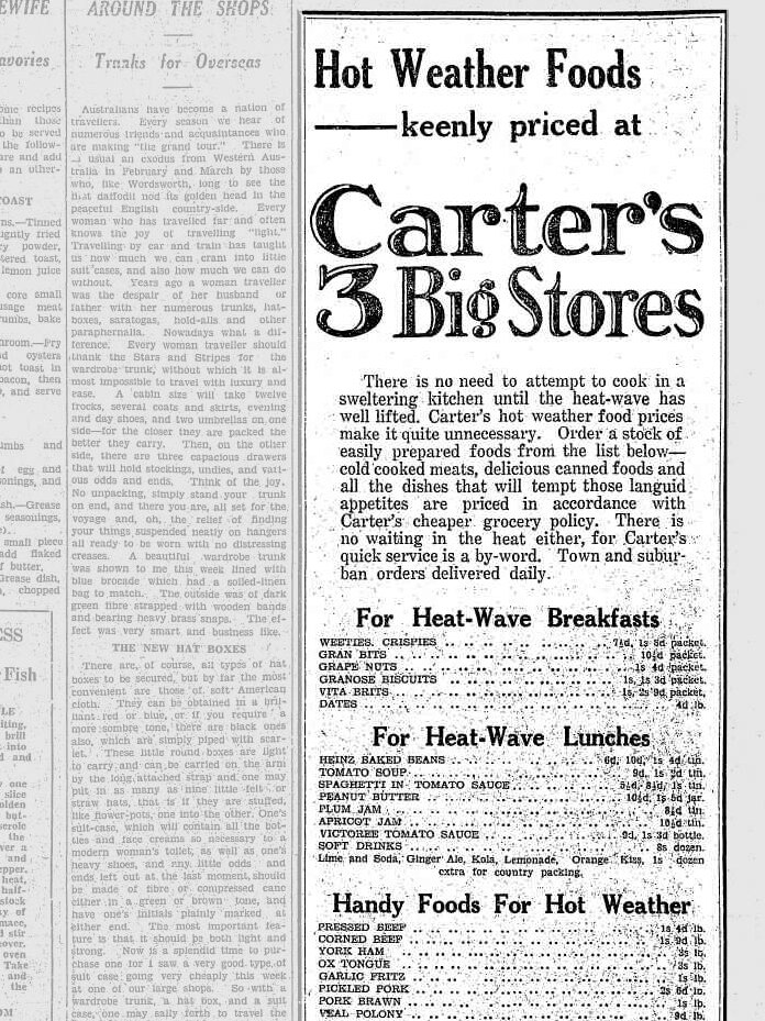 Carter's advertises Hot Weather Foods in 1929