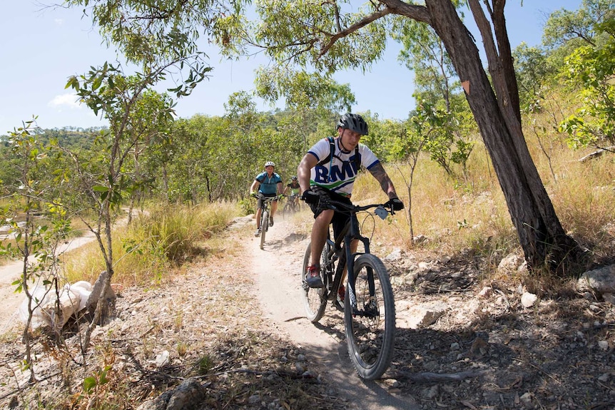 Two men on mountain bikes cycle along a bush trail