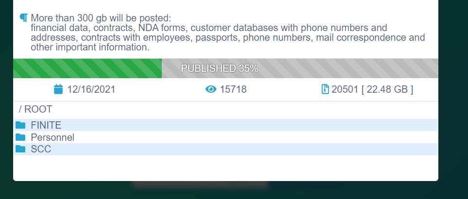 Captura de pantalla de un mensaje amenazante de piratas informáticos que indica que se publicarán más de 300 GB de información