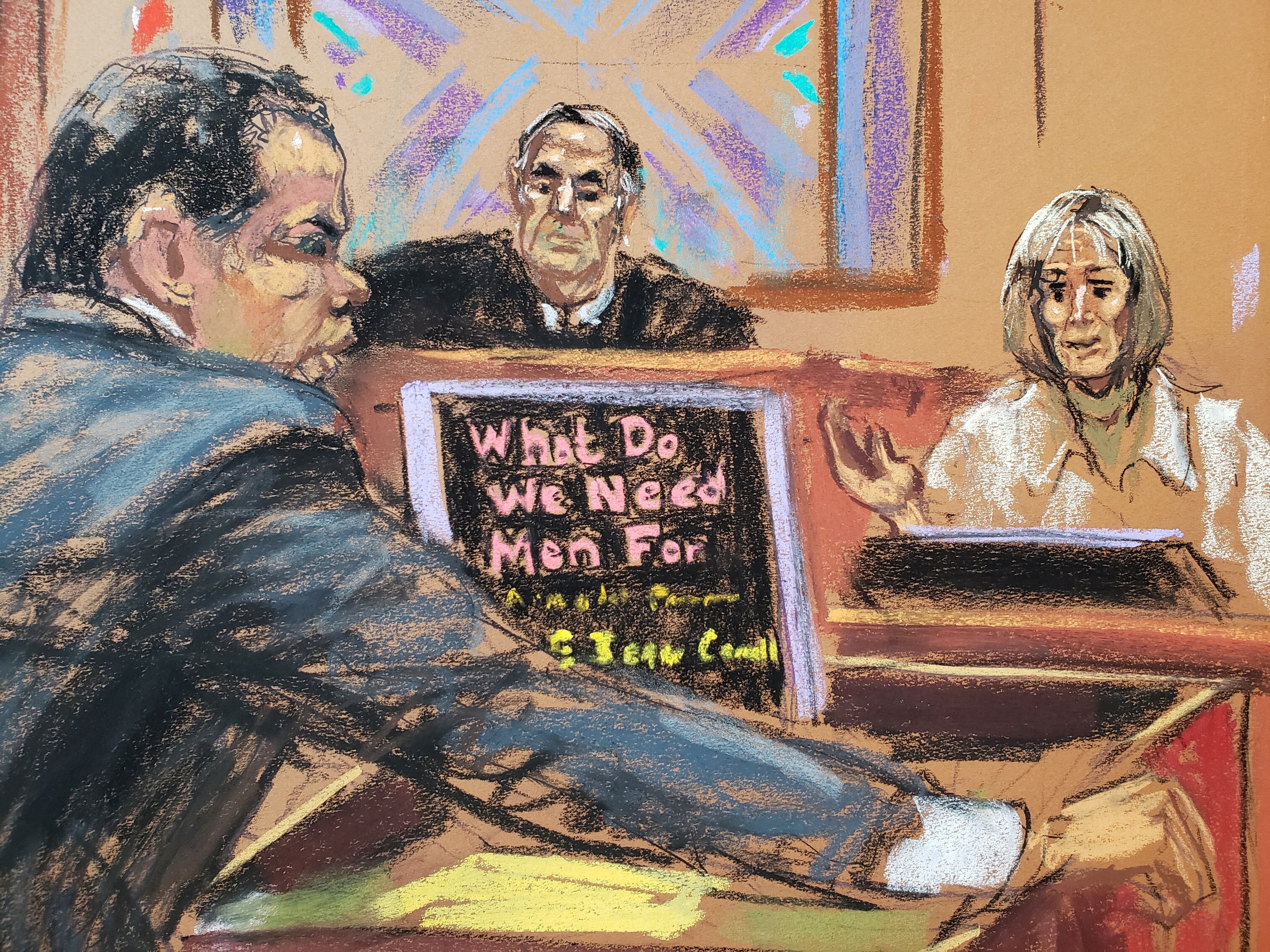 A sketched image of a court setting features a man in a suit in the foreground and a judge and lady on the stand,