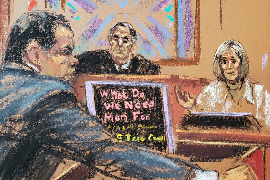 A sketched image of a court setting features a man in a suit in the foreground and a judge and lady on the stand,