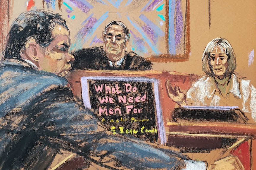 A sketched image of a court setting features a man in a suit in the foreground and a judge and lady on the stand,