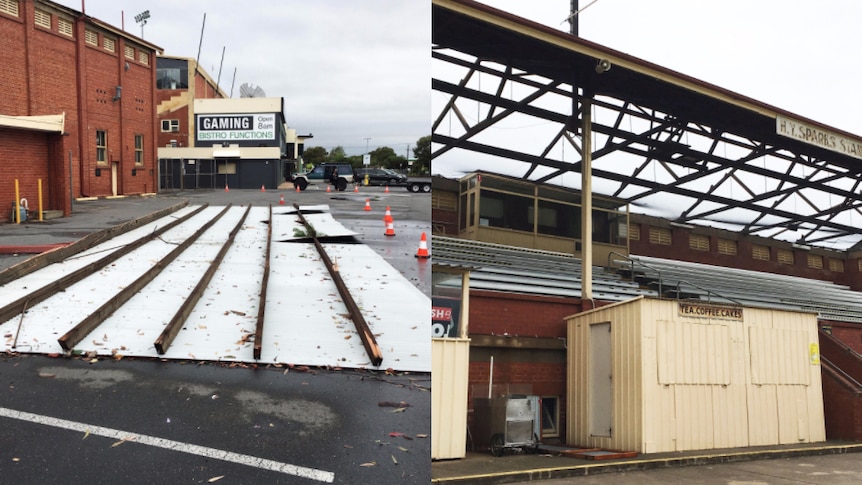 A grandstand roof at Glenelg Oval was blown off in the wind