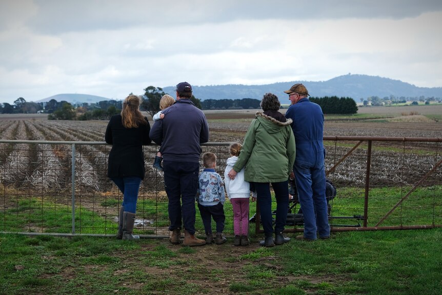 Three generations of one family stand at a farm gate, backs to camera, and look towards a potato crop and  rolling hills.