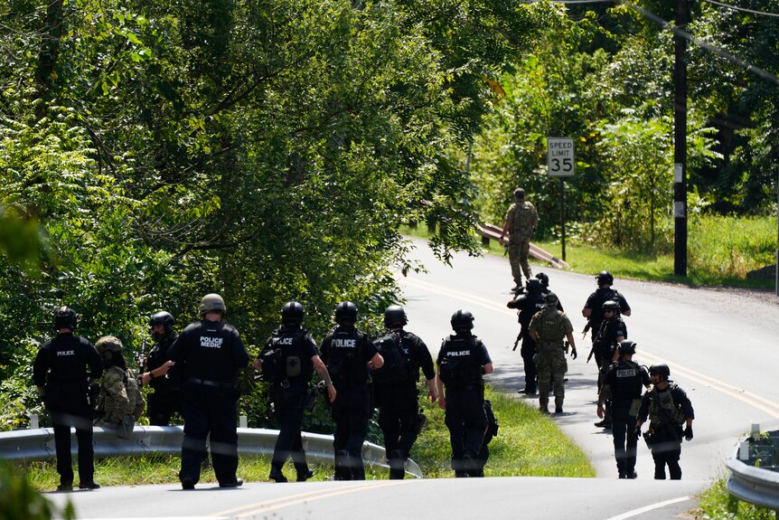About a dozen heavily armed and armoured police officers walk down a forested road.