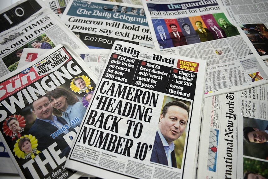 A picture of an arrangement of British newspapers from recent British general election