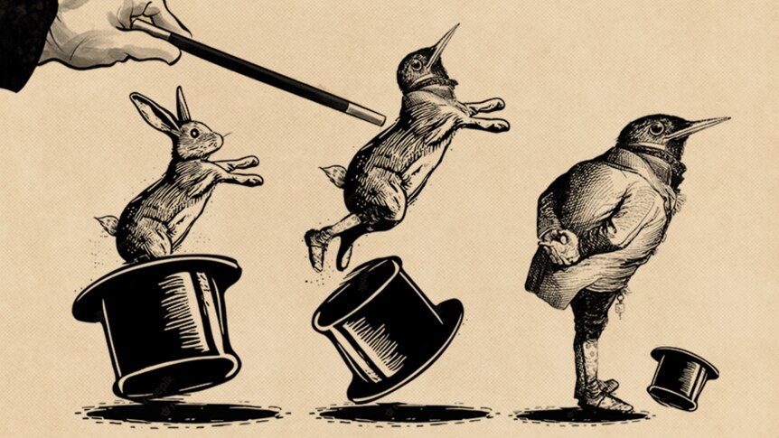 An illustration showing a rabbit turning into a bird underneath a magician's magic wand.