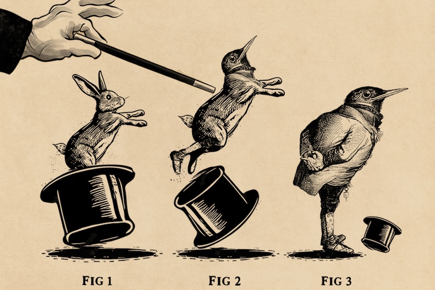 An illustration showing a rabbit turning into a bird underneath a magician's magic wand.