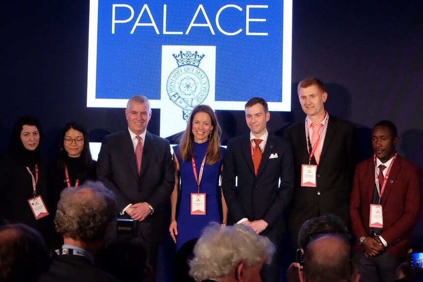 The winners of the Pitch at Palace competition on stage with the Duke of York.