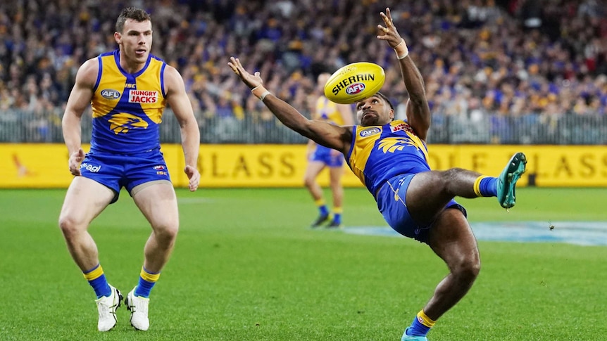 An AFL player leaning backwards has his eyes locked on the ball as he gets ready to take a mark.