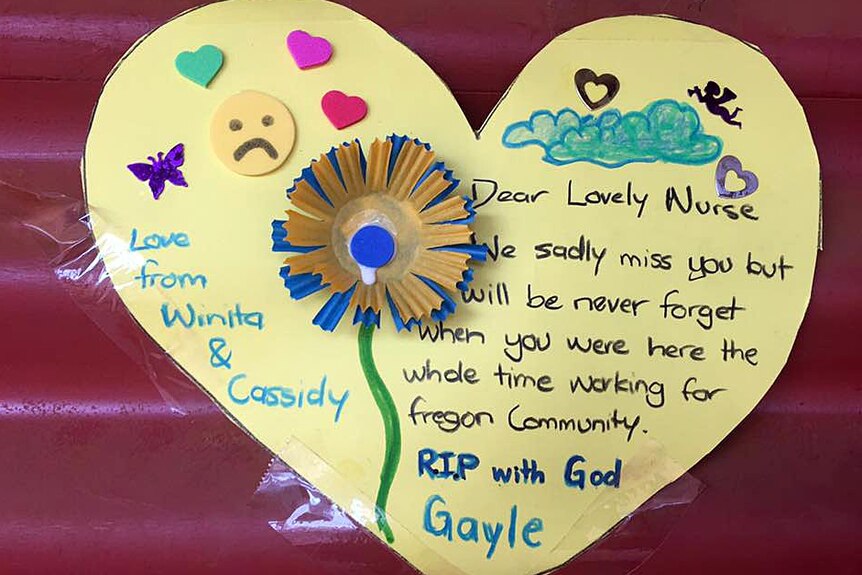 Gayle Woodford is described as a "lovely nurse" in a message left at the Fregon health clinic.