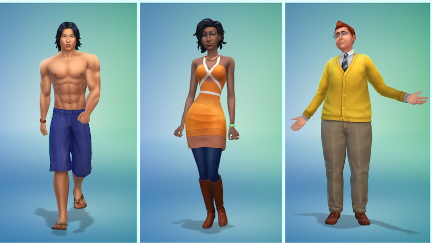 Three characters stand in a row from The Sims: one shirtless man, a woman in a red dress and a man in a yellow jumper.