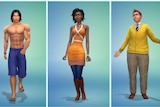 Three characters stand in a row from The Sims: one shirtless man, a woman in a red dress and a man in a yellow jumper.
