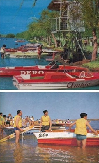 Two coloured photographs from the 1060s depicting people in yellow life vests with speed boats.