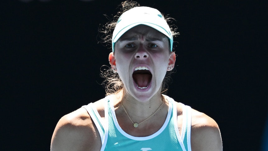 A Polish female tennis player screams out during an Australian Open match.