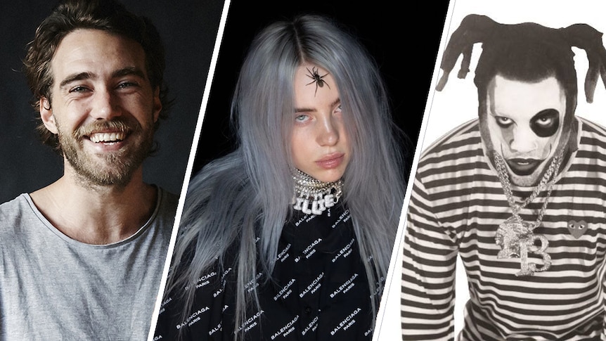 A collage of Matt Corby, Billie Eilish, and Denzel Curry for triple j Best New Music 06.08.18