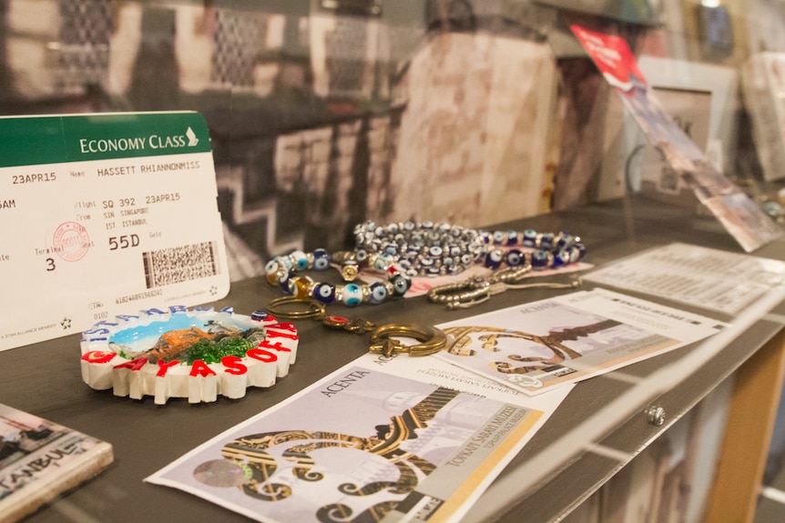 Plane tickets and Turkish bracelets are on display for visitors to view as part of their journey.