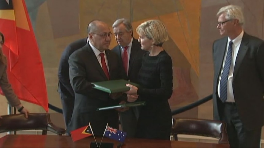 Foreign Minister Julie Bishop and East Timor Deputy PM Agio Pereira signed the treaty in New York
