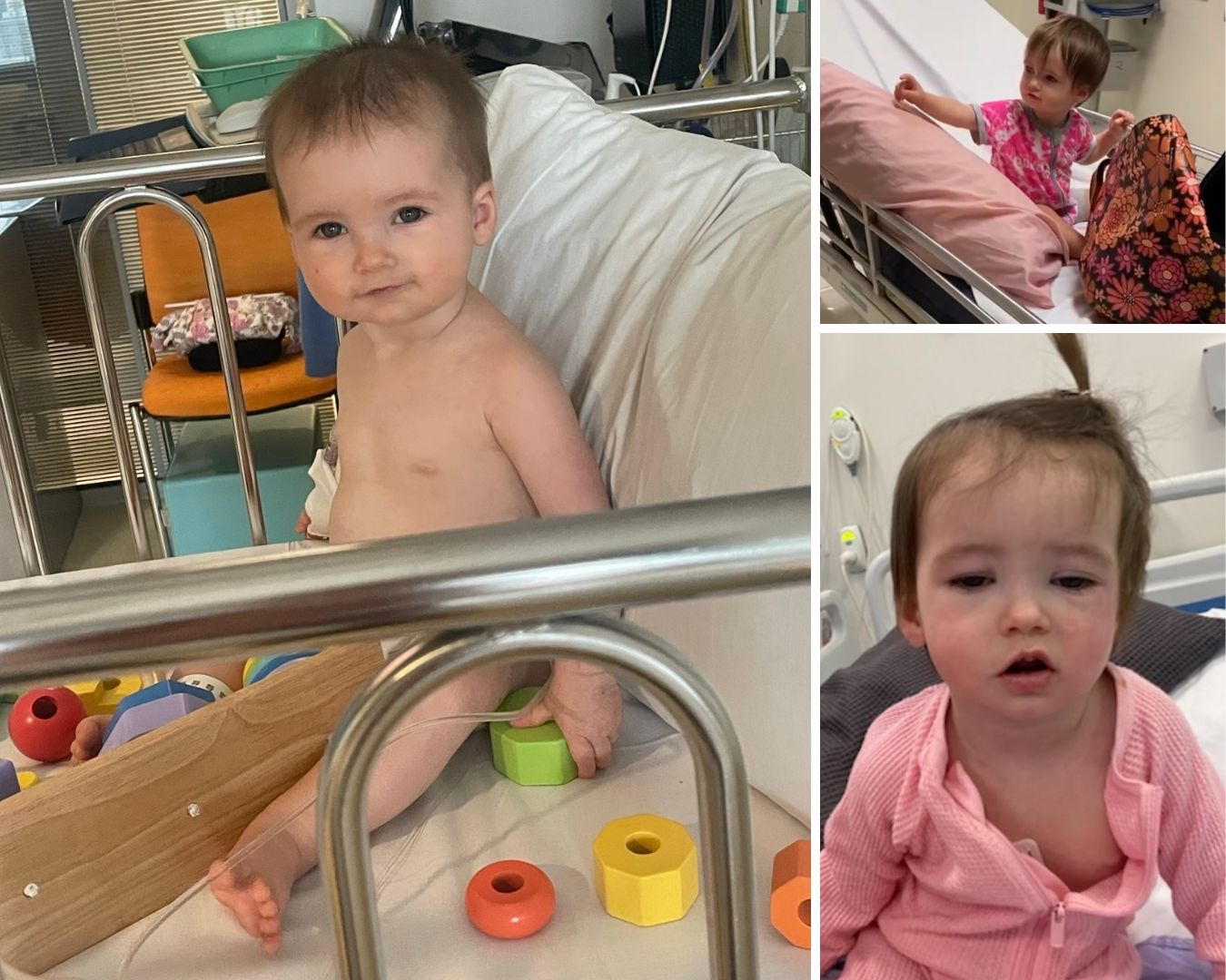 A collage showing photos of a sick toddler in hospital.