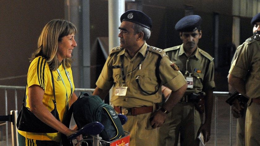 Ready to roll: Australian lawn bowler Sharyn Renshaw arrives in Delhi for the Games.