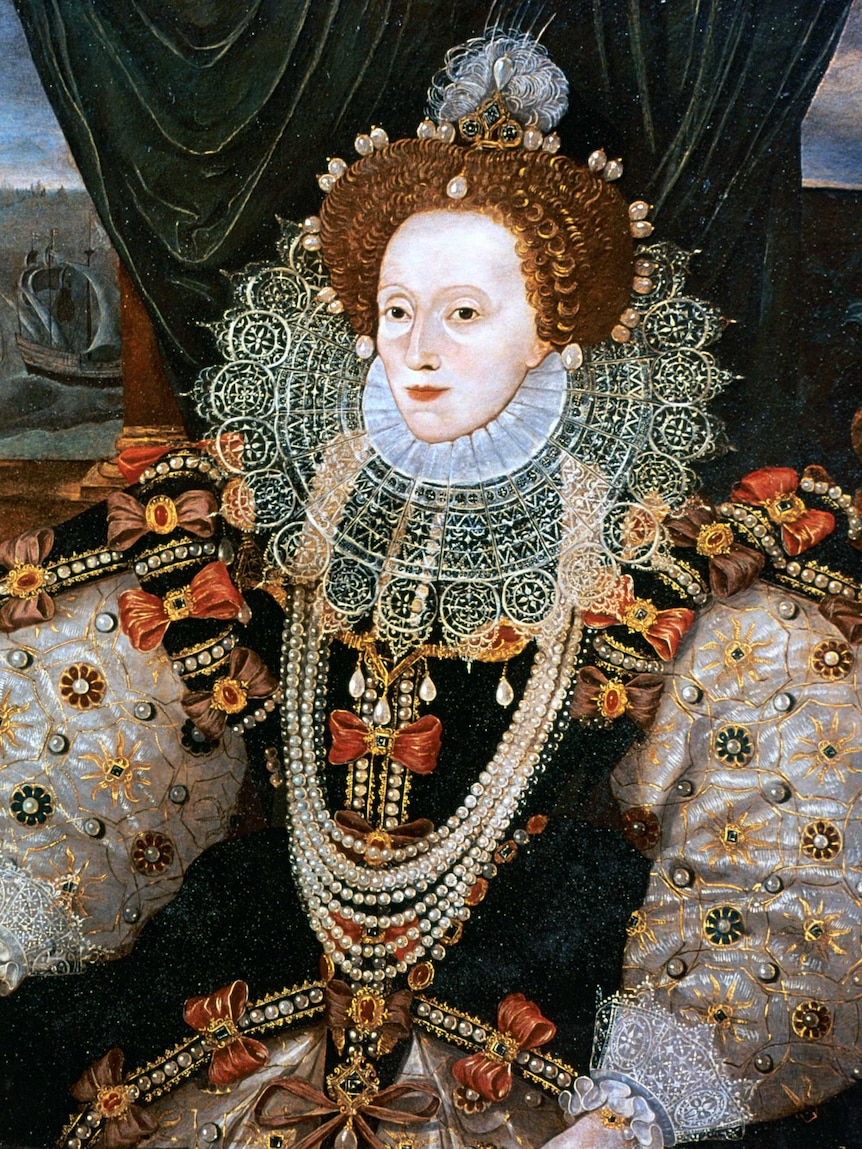 Portrait of Queen Elizabeth I in extravagant dress embellished with ribbons, gold, pearls and lace.