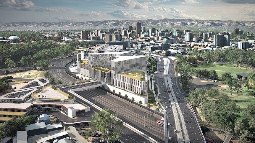 A photo-like artist's impression of a hospital with city buildings behind