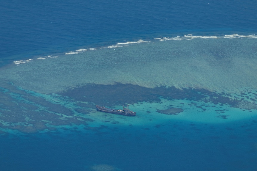 An aerial view shows the BRP Sierra Madre on the contested Second Thomas Shoal.