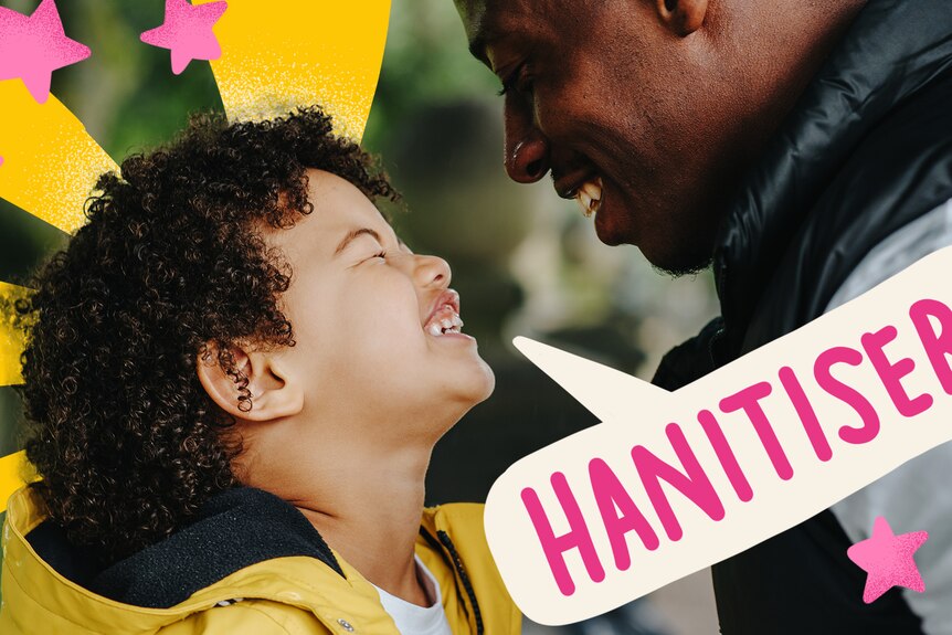 A cute kid smiles cheekily at his dad. A superimposed speech bubble from his mouth says 'Hanitiser!'.