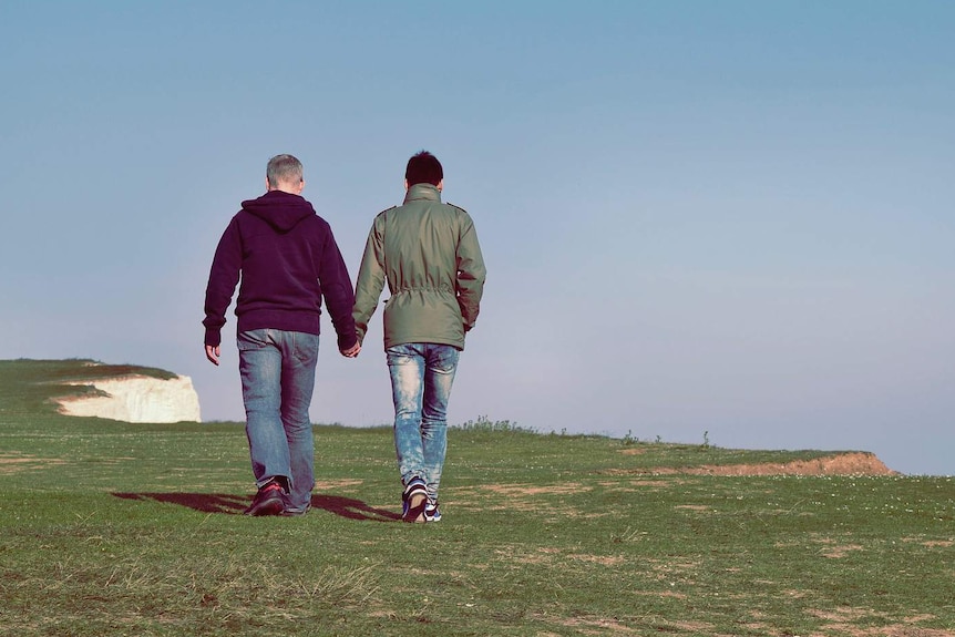 A photo of the back of two men walking hand in hand.