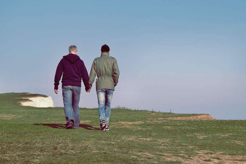 A photo of the back of two men walking hand in hand.