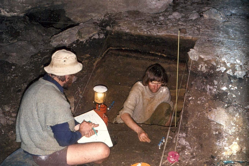 Archival image of Kevin Kiernan (r) and Rhys Jones in Kutikina Cave. ONE USE ONLY