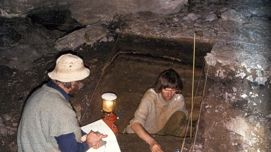 Archival image of Kevin Kiernan (r) and Rhys Jones in Kutikina Cave. ONE USE ONLY