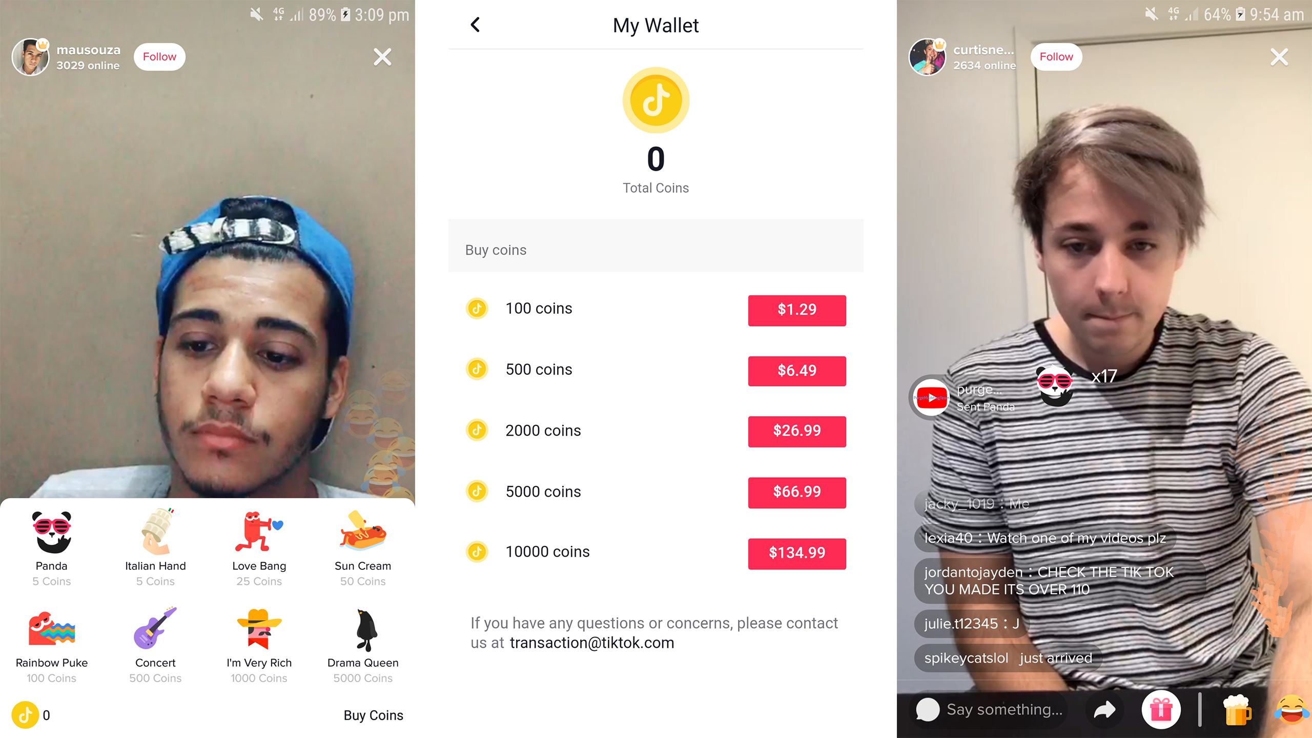 Three screenshots from the app TikTok show users can purchase "gifts" and send them to each other.