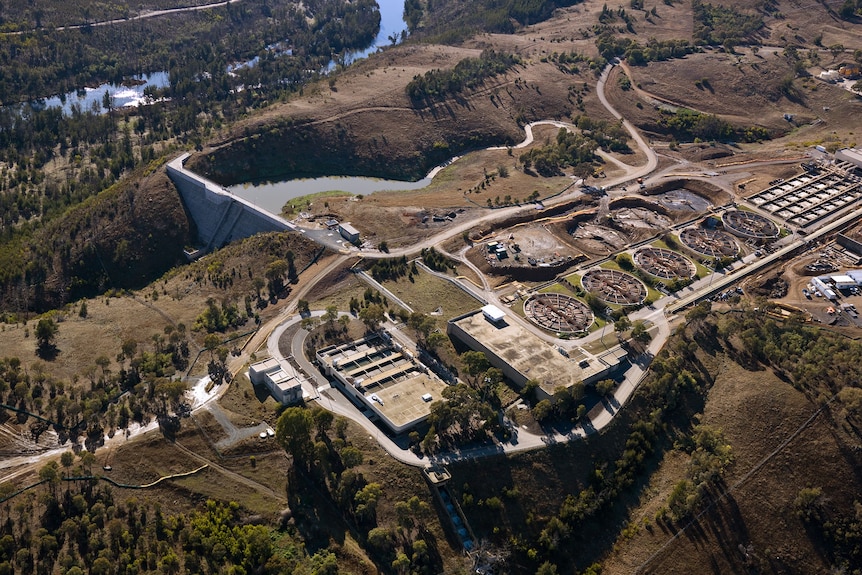 An aerial image of a water control centre dam.
