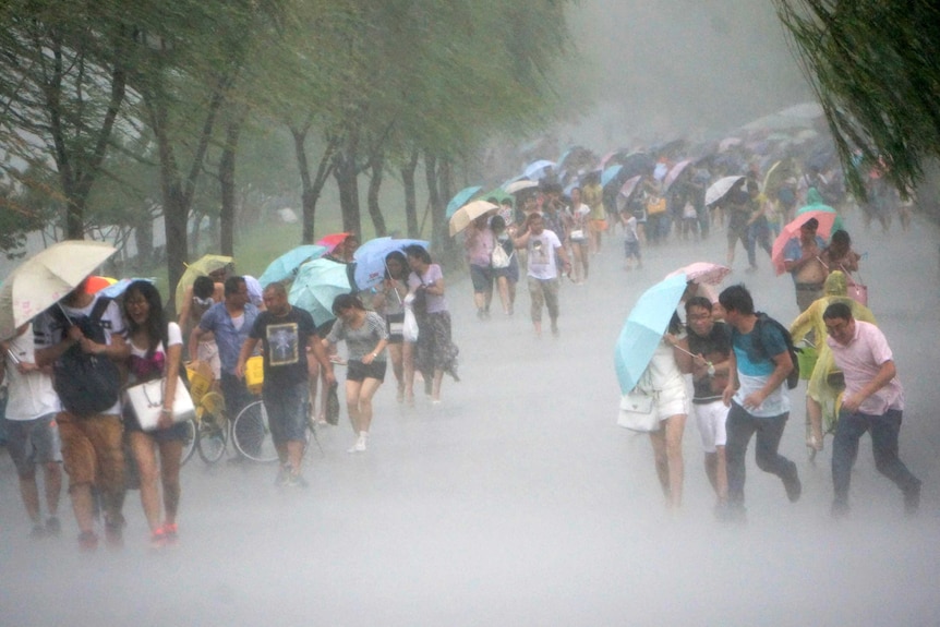 People holding umbrellas in heavy rain as Typhoon Soudelor approaches