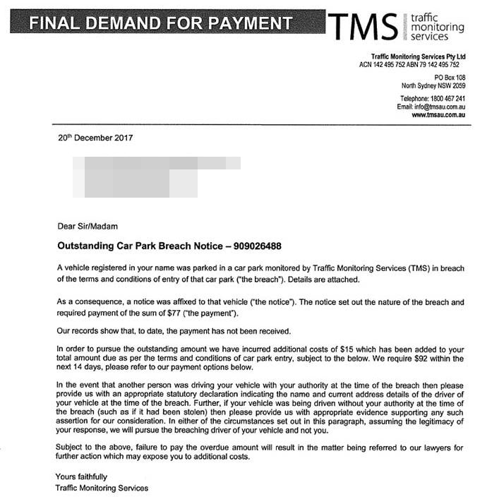 Follow-up letter sent by Traffic Monitoring Services to drivers who do not pay a parking fine straight away.