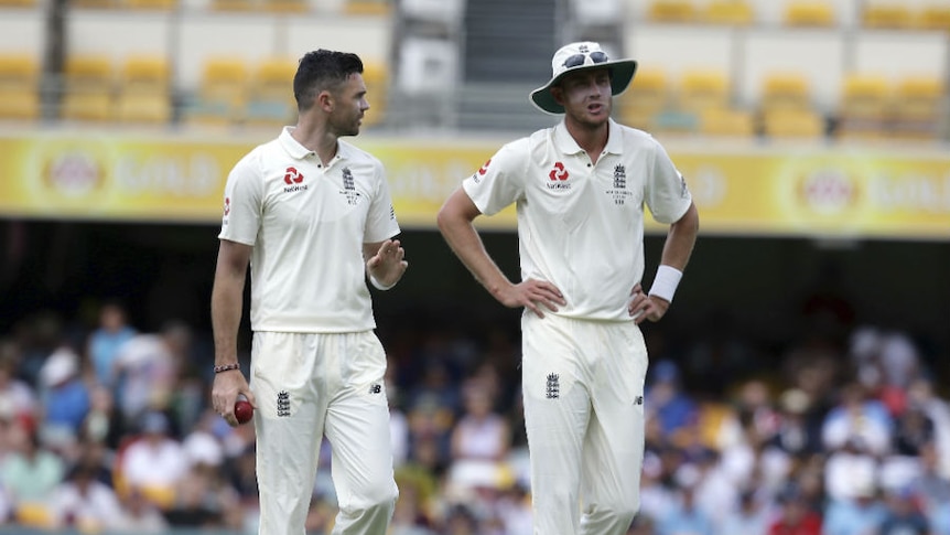 James Anderson and Stuart Broad in conversation on the field.