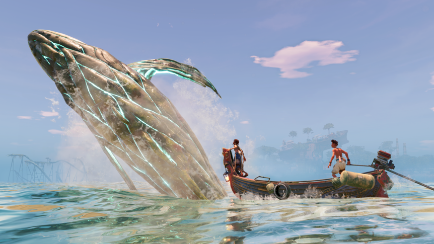 Whale breaching the water of a submerged world as two people look on from a small boat