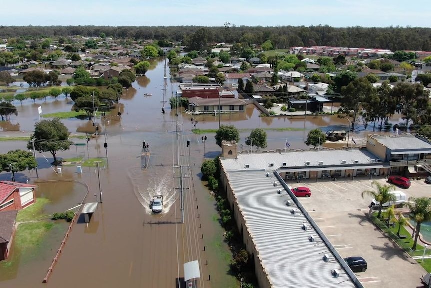 Drone shot of flooded street in Shepparton 