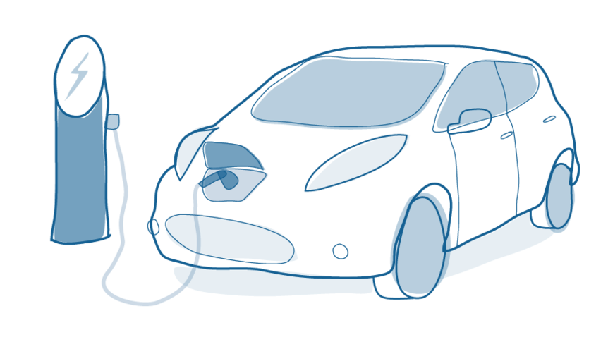 Illustration of an electric car at a charging station