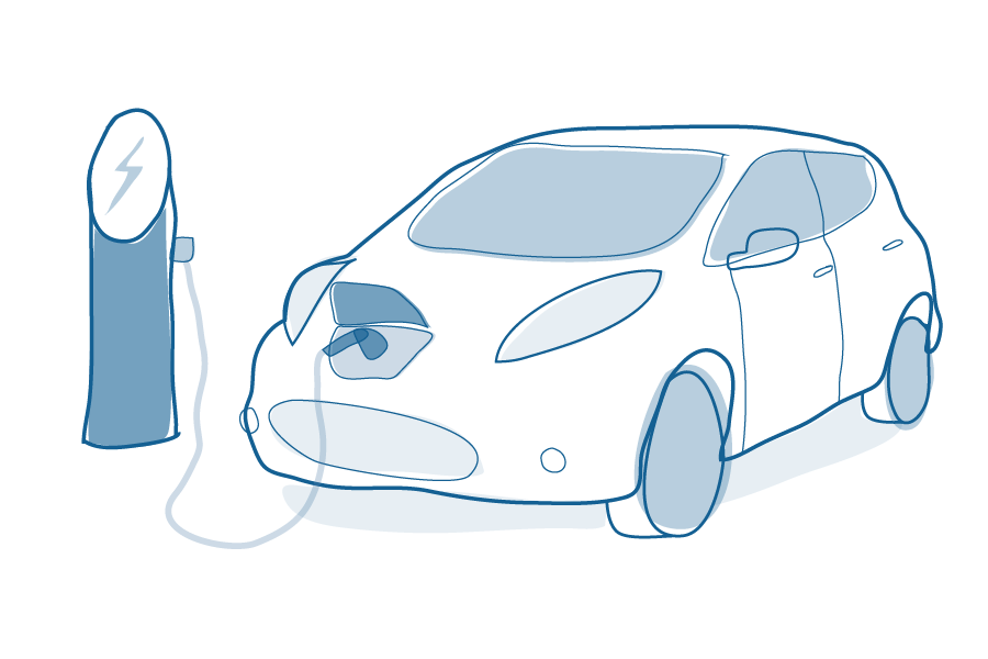Illustration of an electric car at a charging station.