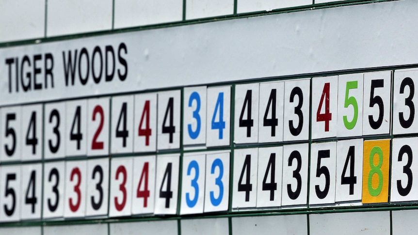 Tiger Woods' score from the 15th holes is adjusted on the scoreboard at the Masters.