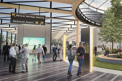An artist's impression of a proposed train station at Melbourne Airport.