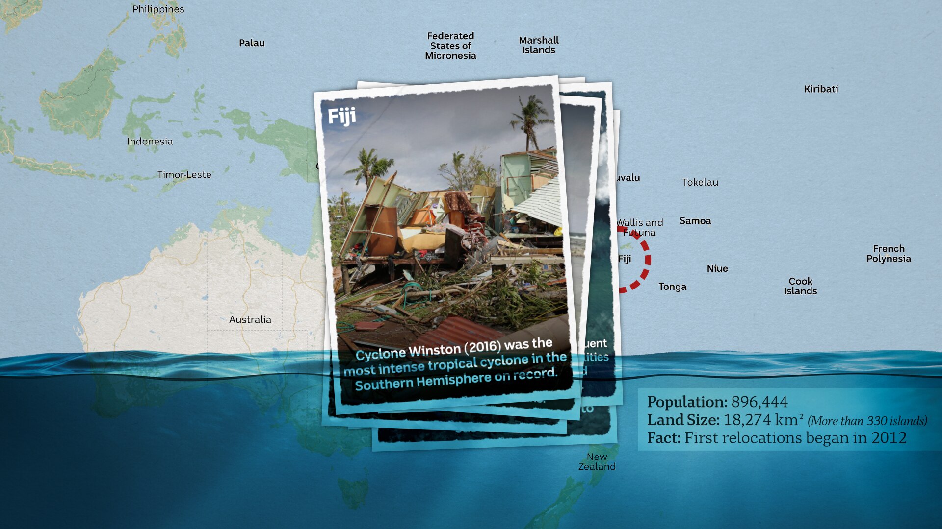 A postcard showing destruction after a cyclone in Fiji.