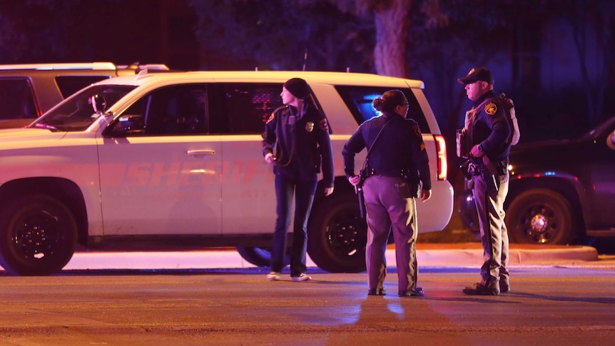 Three police officers stand next to a police car in the dark.