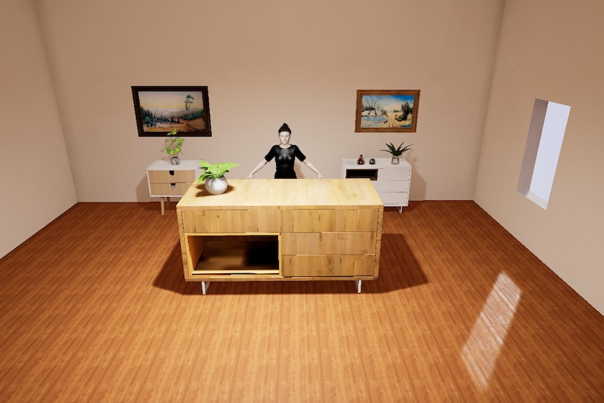 a VR avatar therapist stands behind a desk