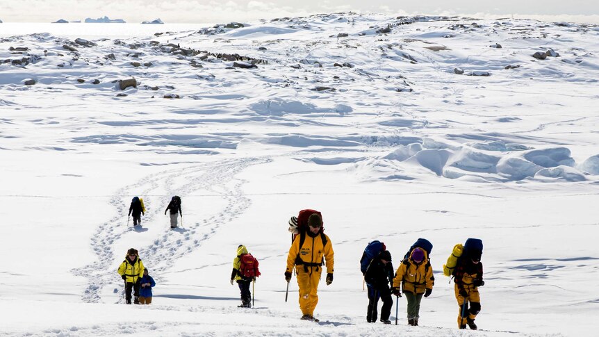 Researchers walking in snow