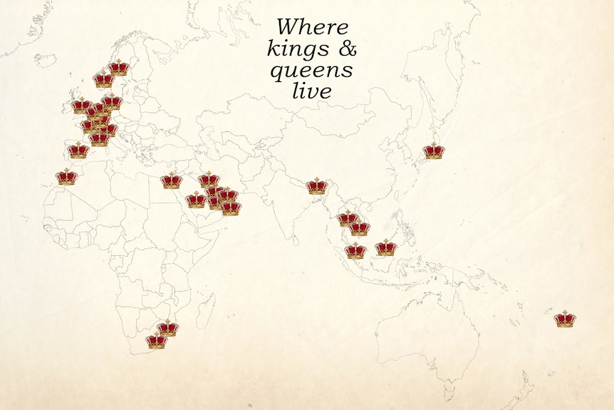 A world map showing where the world's remaining monarchies live.