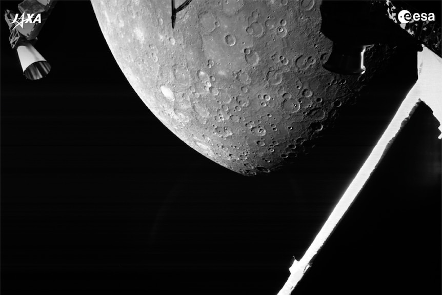 A black and white image of Mercury from a spacecraft